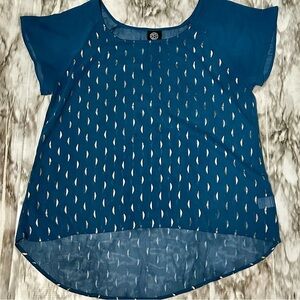 Bobeau Blue Sheer Blouse Golden Accents Boho Chic Witchy Lightweight Flowy Fun